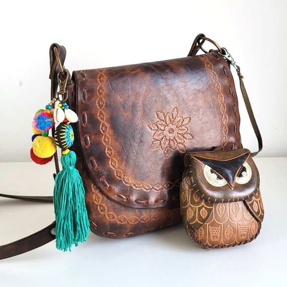 Handmade Handbags - Vintage Hand-Tooled Leather Crossbody Bag + Owl Coin Purse • Boho • Artisan